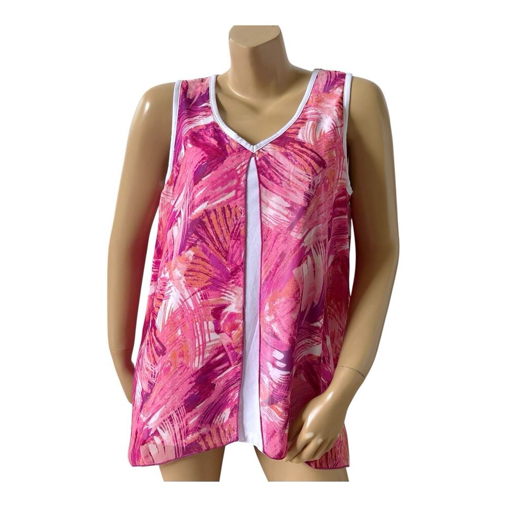Slinky Brand Tank Top Womens Petite Large Pink Tropical Layered Sleeveless Tunic